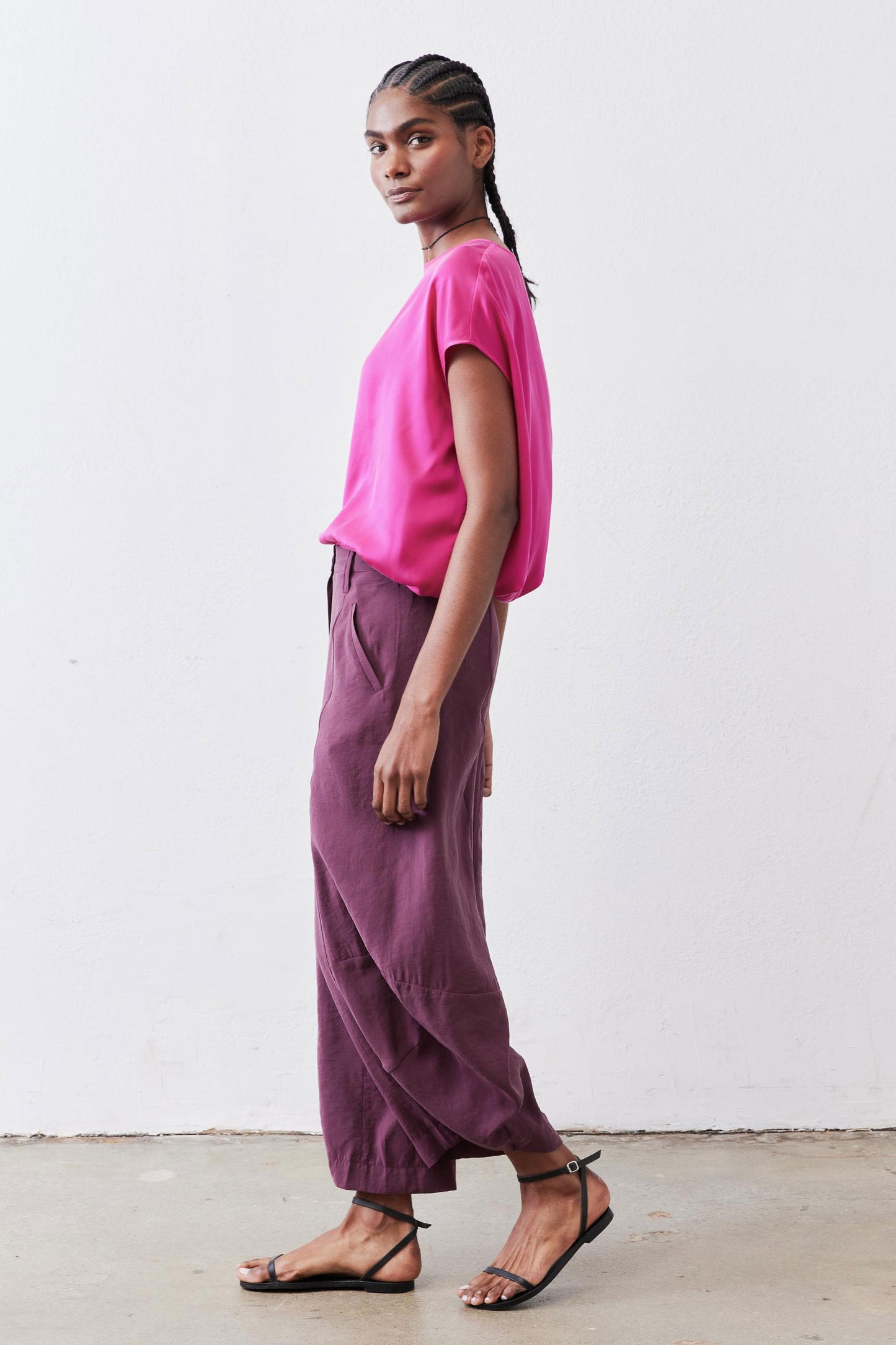 Deep purple wide-leg pants with draped leg and elastic waistband