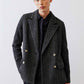 Charcoal herringbone blazer, double-breasted with gold buttons and notch lapels