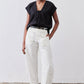 Black poplin top with cinched V neckline and short sleeves, front view
