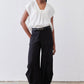 White short-sleeve cinched-neck poplin top with drawstring