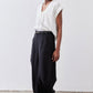 White cinched-neck poplin top with drawstring, short sleeves, side view