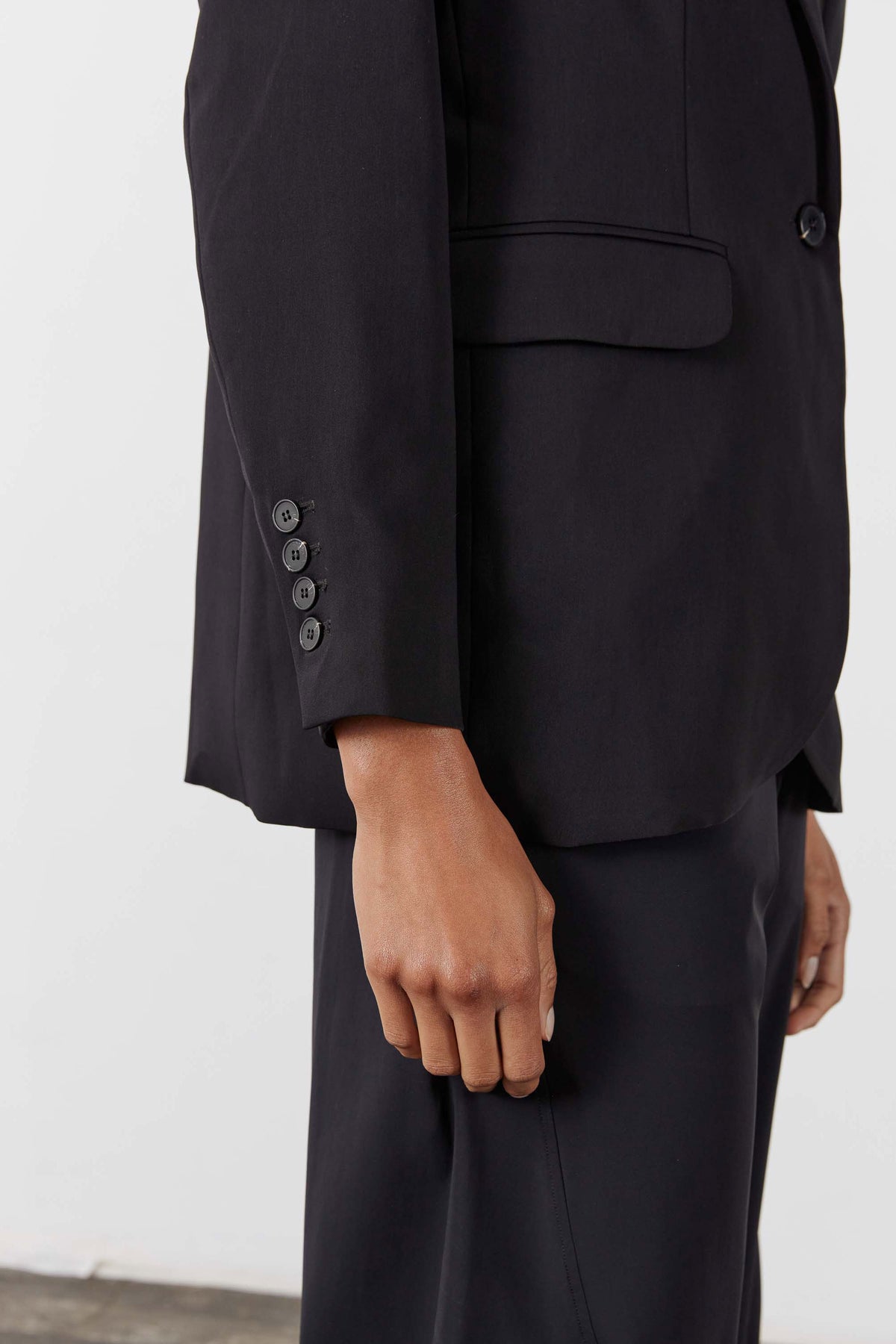 Black blazer sleeve with cuff buttons and side pocket flap detail
