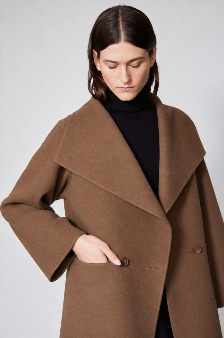 Dark taupe wool coat close-up: wide lapels, button front, flap pocket detail