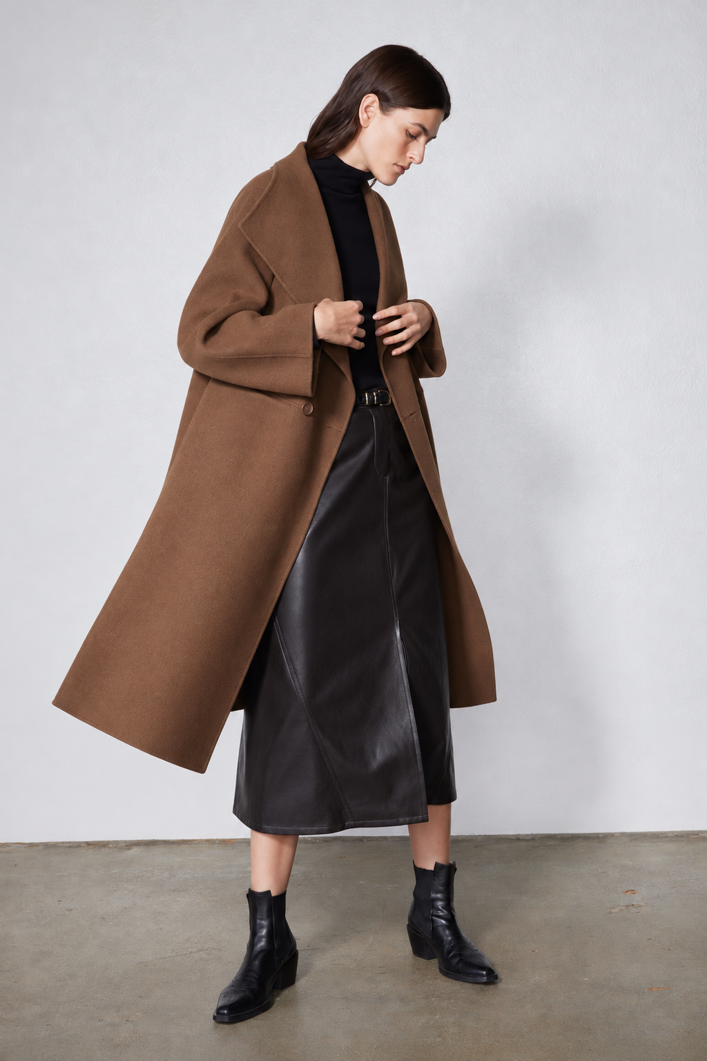 Dark taupe oversized wool coat with draped wide lapels and open front