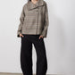 Brown plaid asymmetric collared jacket with button front and long sleeves