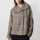 Brown plaid asymmetric collared jacket with button placket and long sleeves