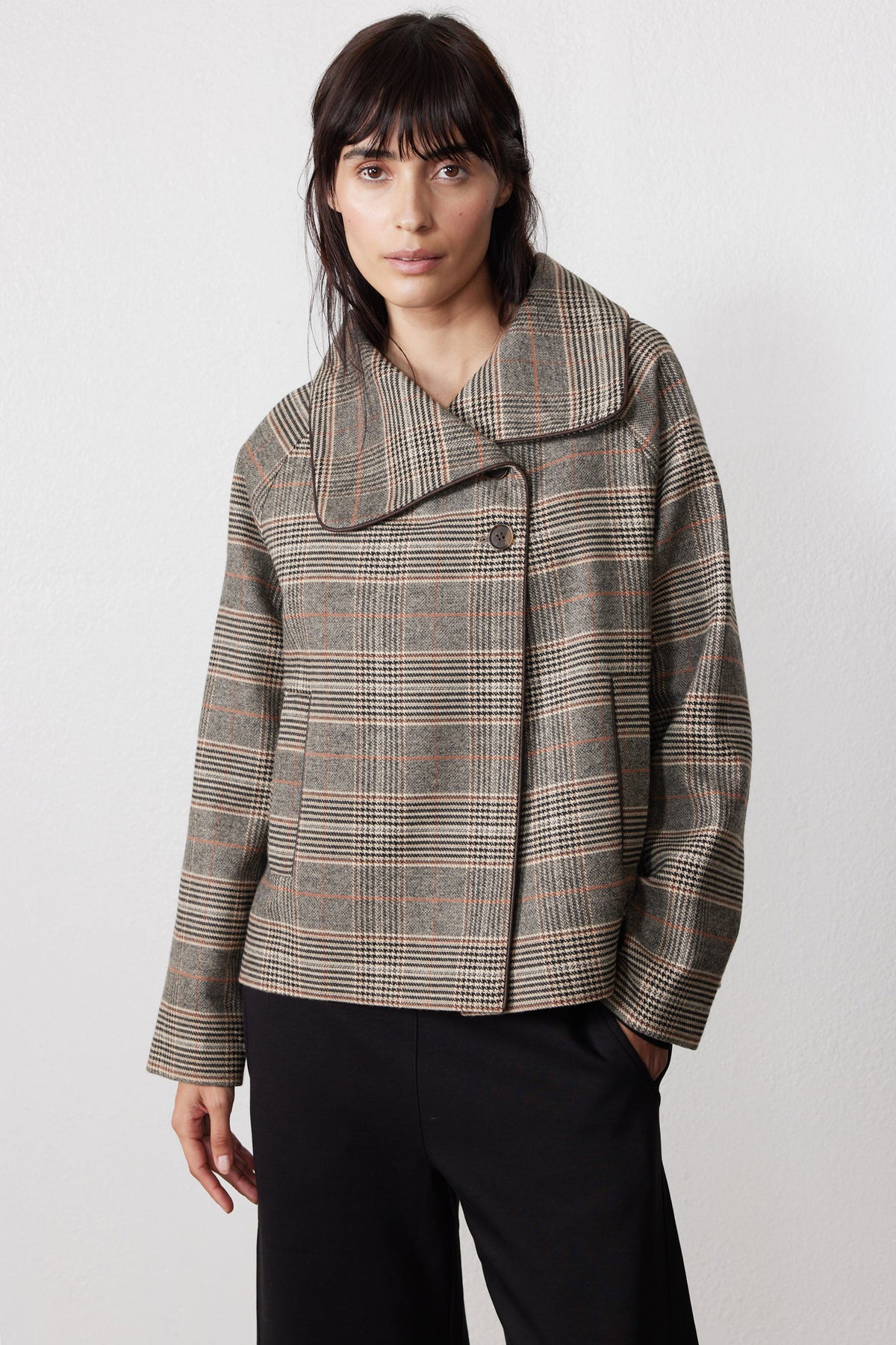 Brown plaid asymmetric collared jacket with button placket and long sleeves