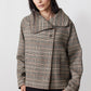 Brown plaid asymmetric collared jacket, button front, long sleeves