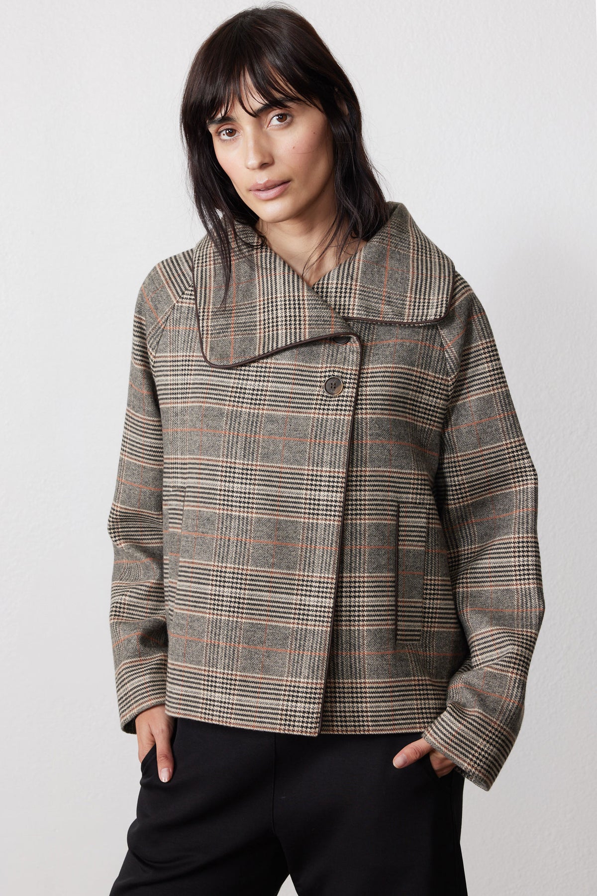 Brown plaid asymmetric collared jacket, button front, long sleeves