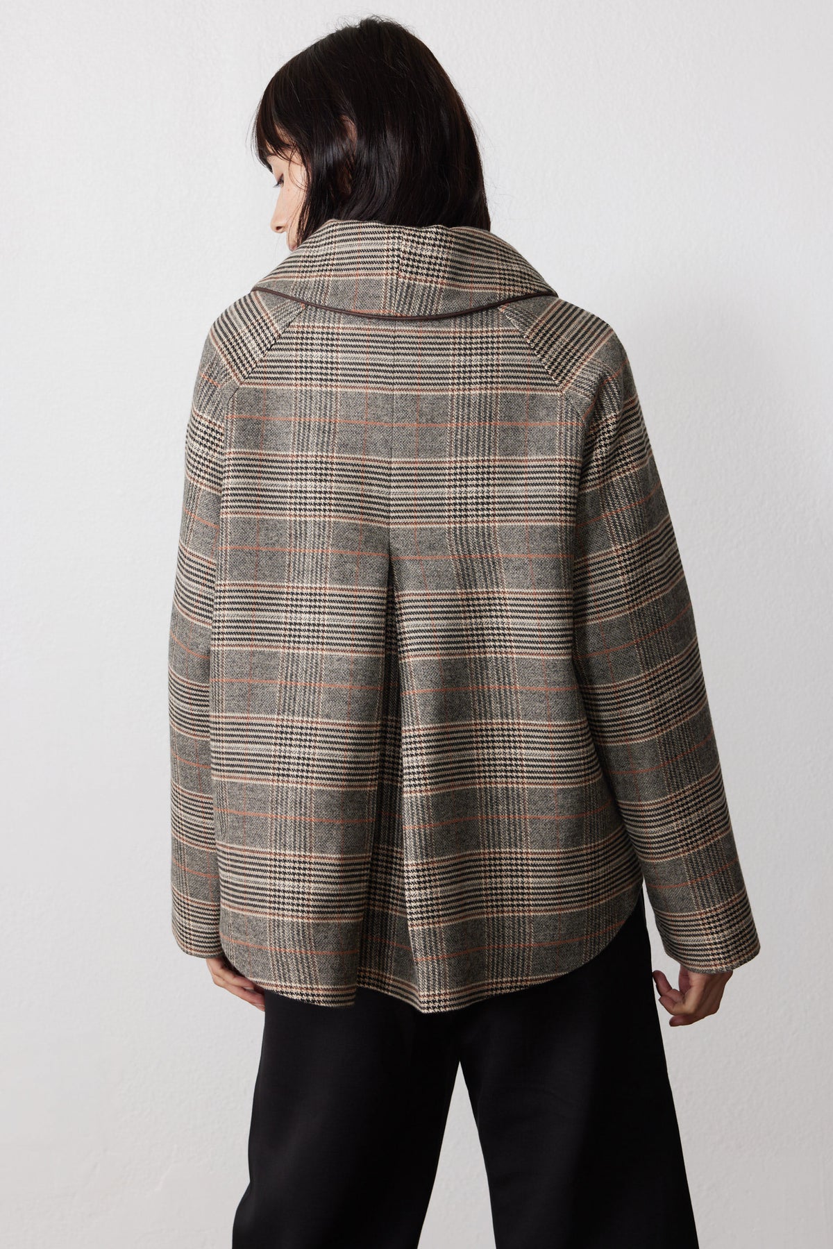 Brown plaid asymmetric collared jacket back view