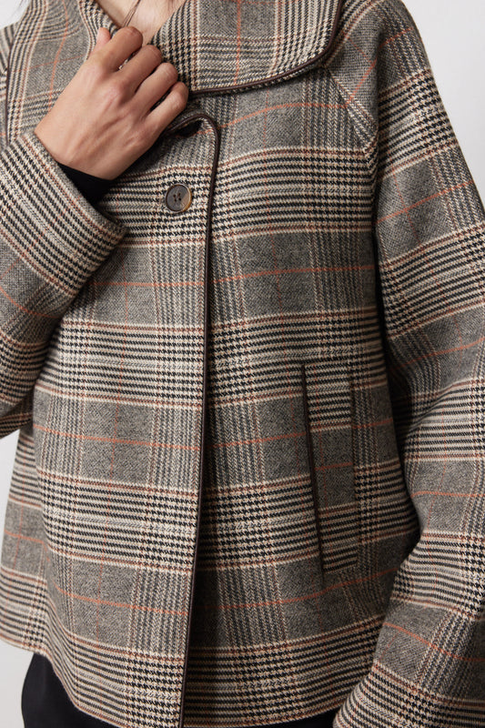 Brown plaid jacket detail: notched collar and button front placket