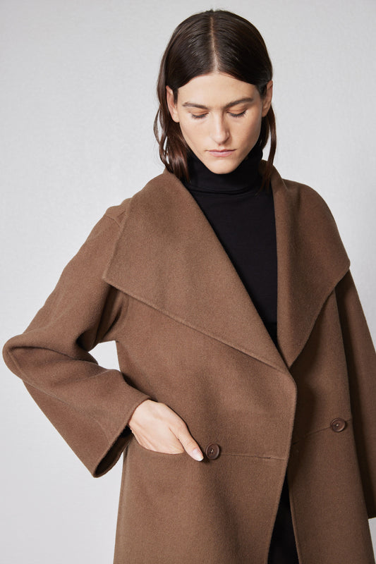 Dark taupe wool coat close-up of draped collar and two-button placket details