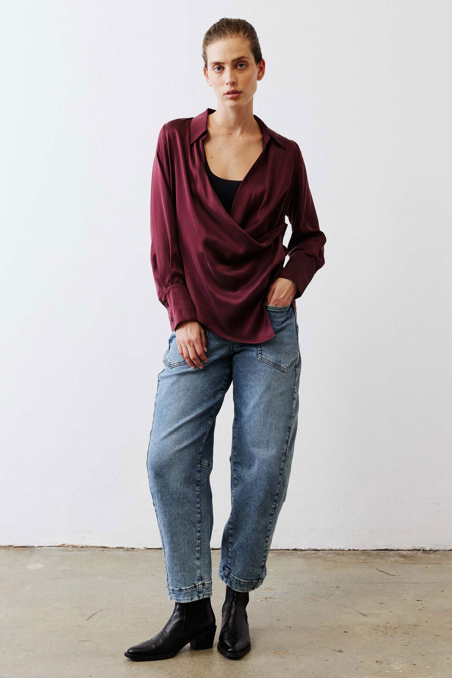 Collared Wrap Washable Silk Blouse
