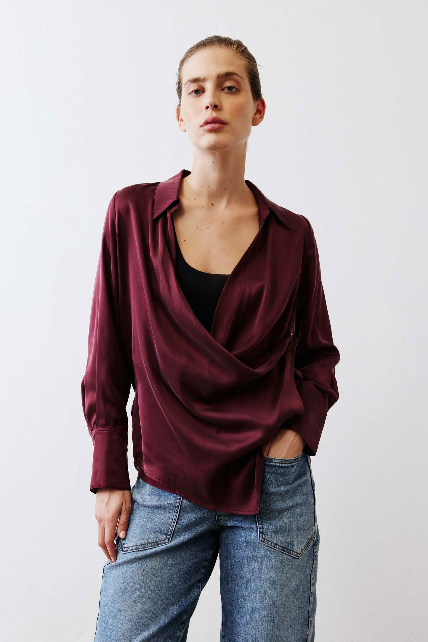 Collared Wrap Washable Silk Blouse