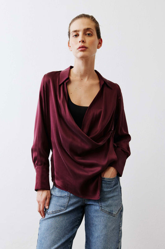 Collared Wrap Washable Silk Blouse