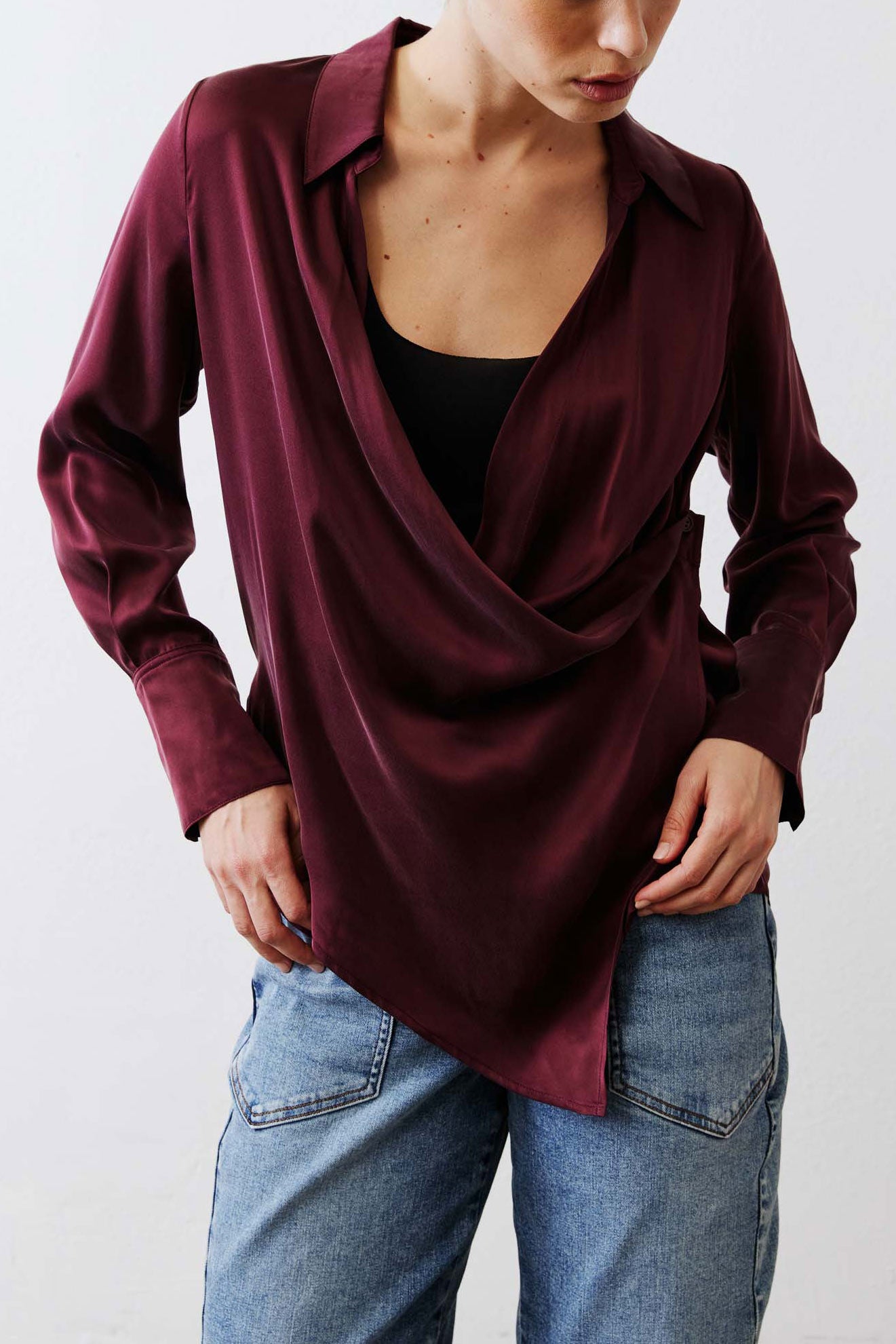 Collared Wrap Washable Silk Blouse