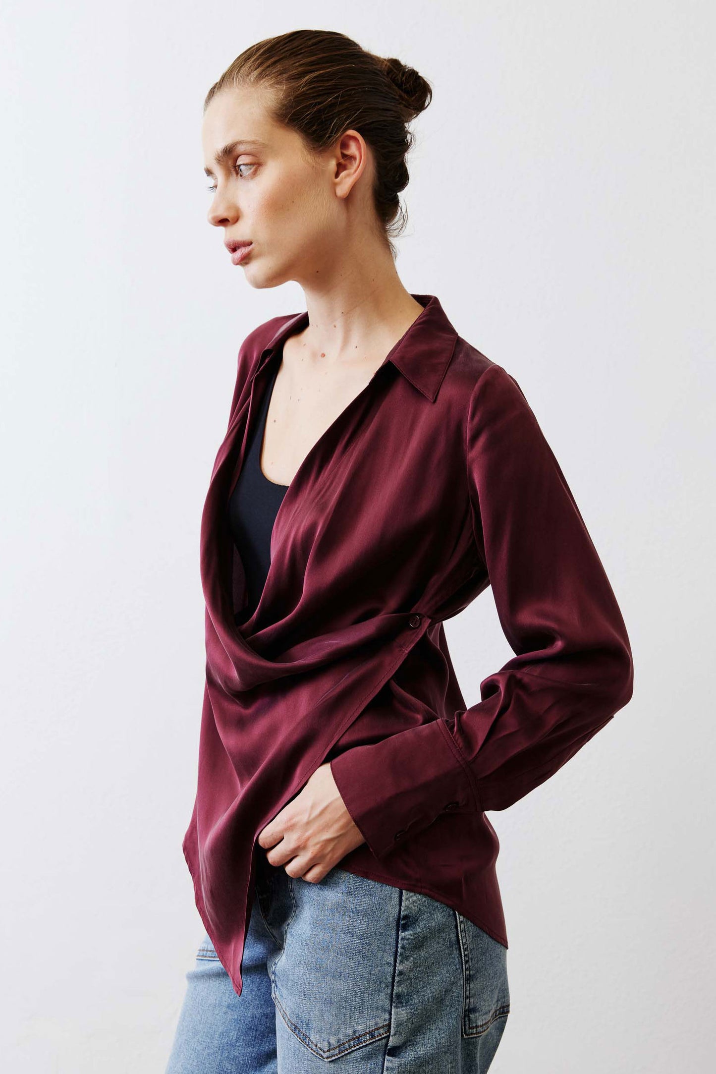 Collared Wrap Washable Silk Blouse