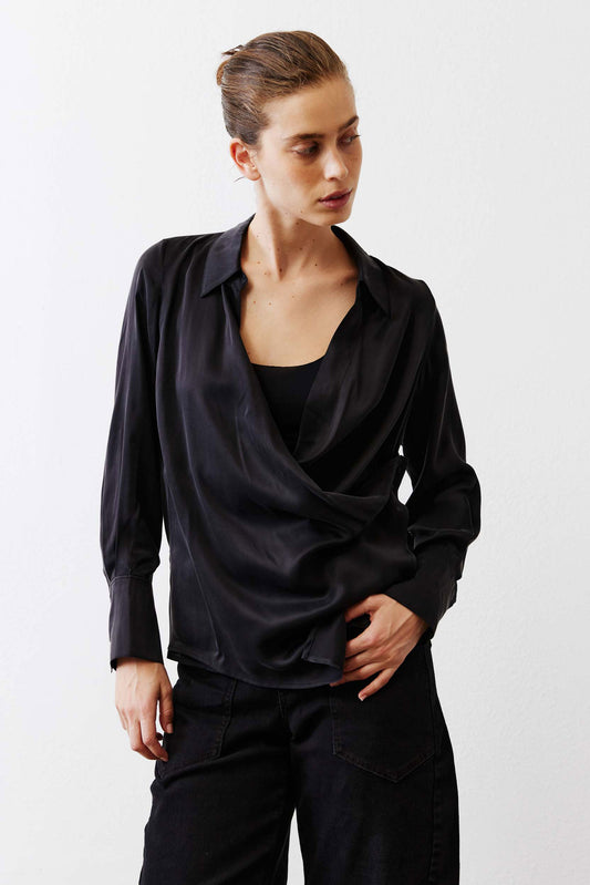Collared Wrap Washable Silk Blouse