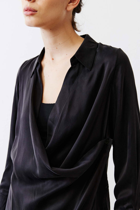 Collared Wrap Washable Silk Blouse