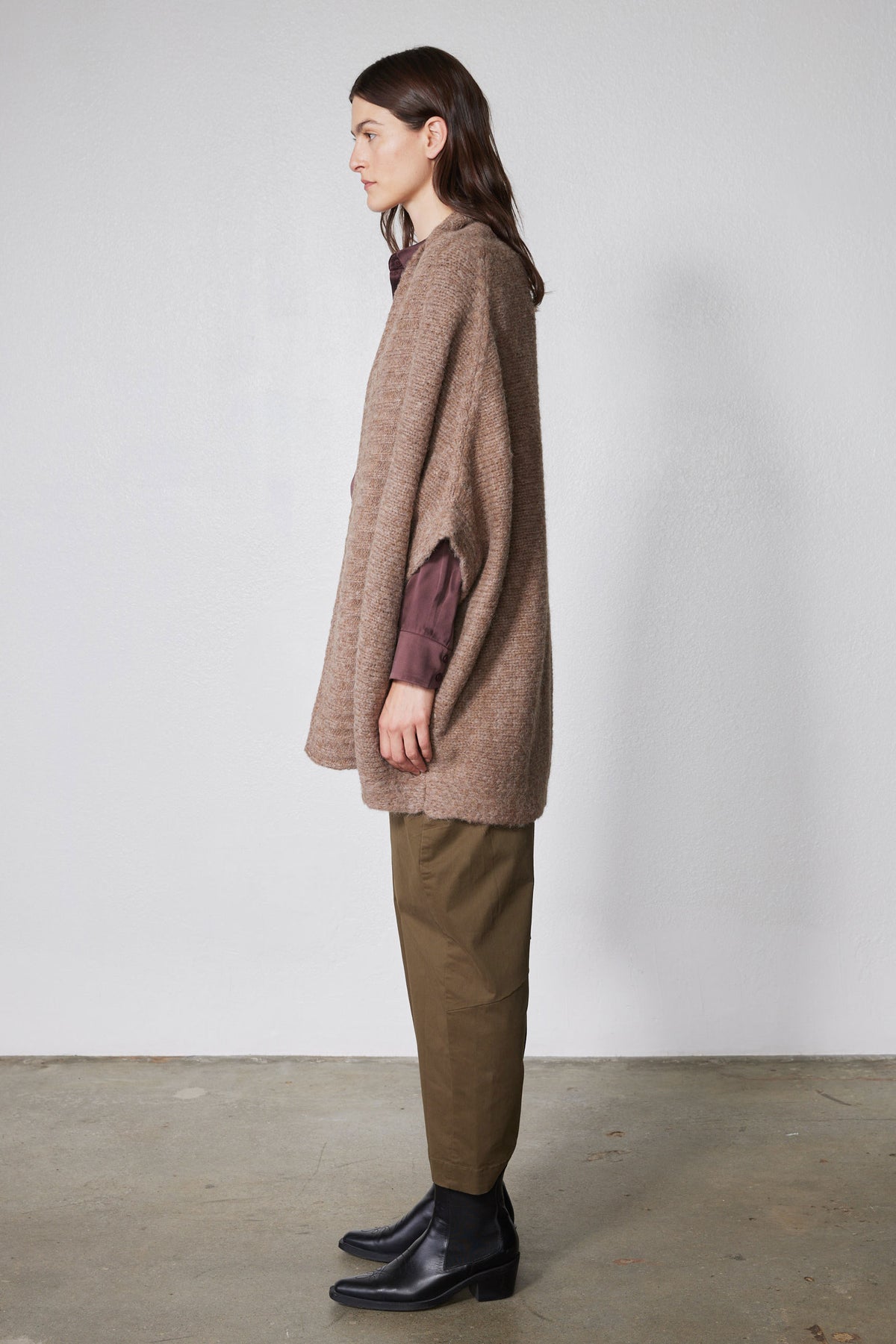 Taupe melange dolman cardigan with open front, textured knit, long sleeves.