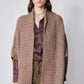 Taupe melange dolman cardigan with open front and shawl-style collar, textured knit.