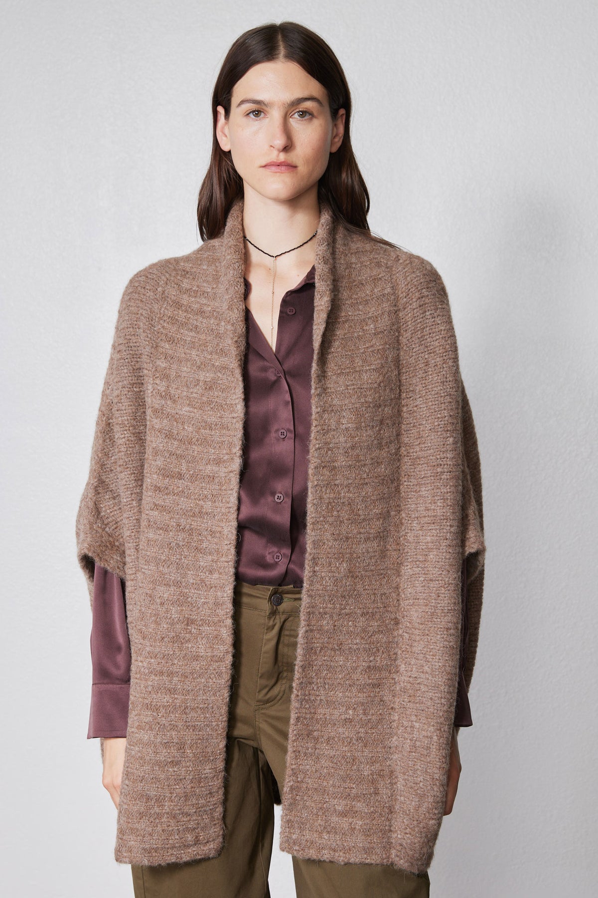 Taupe melange dolman cardigan with open front and shawl-style collar, textured knit.