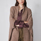 Taupe melange dolman cardigan close-up with open front and textured knit drape.