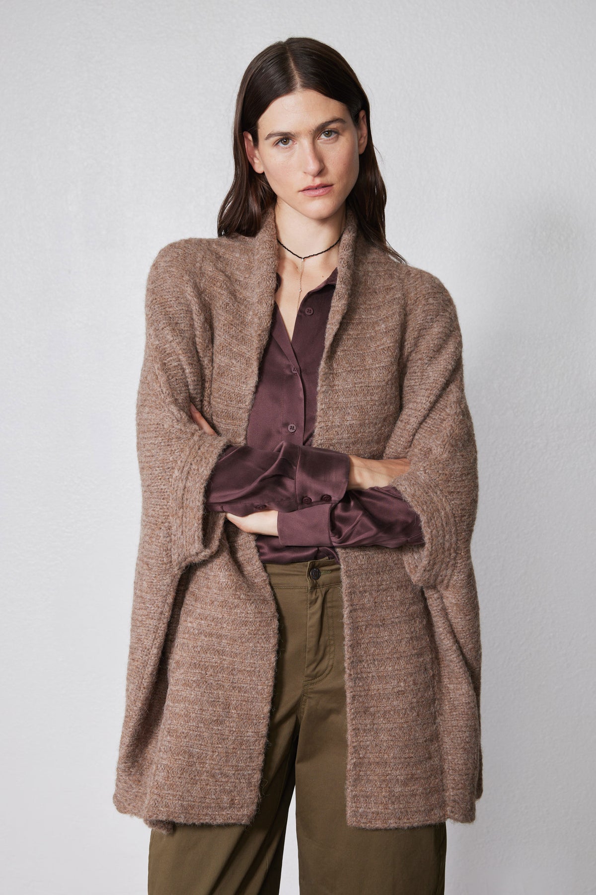 Taupe melange dolman cardigan close-up with open front and textured knit drape.