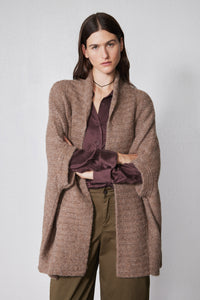 Taupe melange dolman cardigan close-up with open front and textured knit drape.