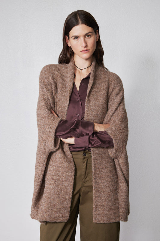Taupe melange dolman cardigan close-up with open front and textured knit drape.