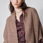 Taupe melange dolman cardigan neckline close-up with open front and textured knit.