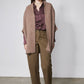 Taupe melange dolman cardigan full-length with open front, textured knit, draped sleeves.