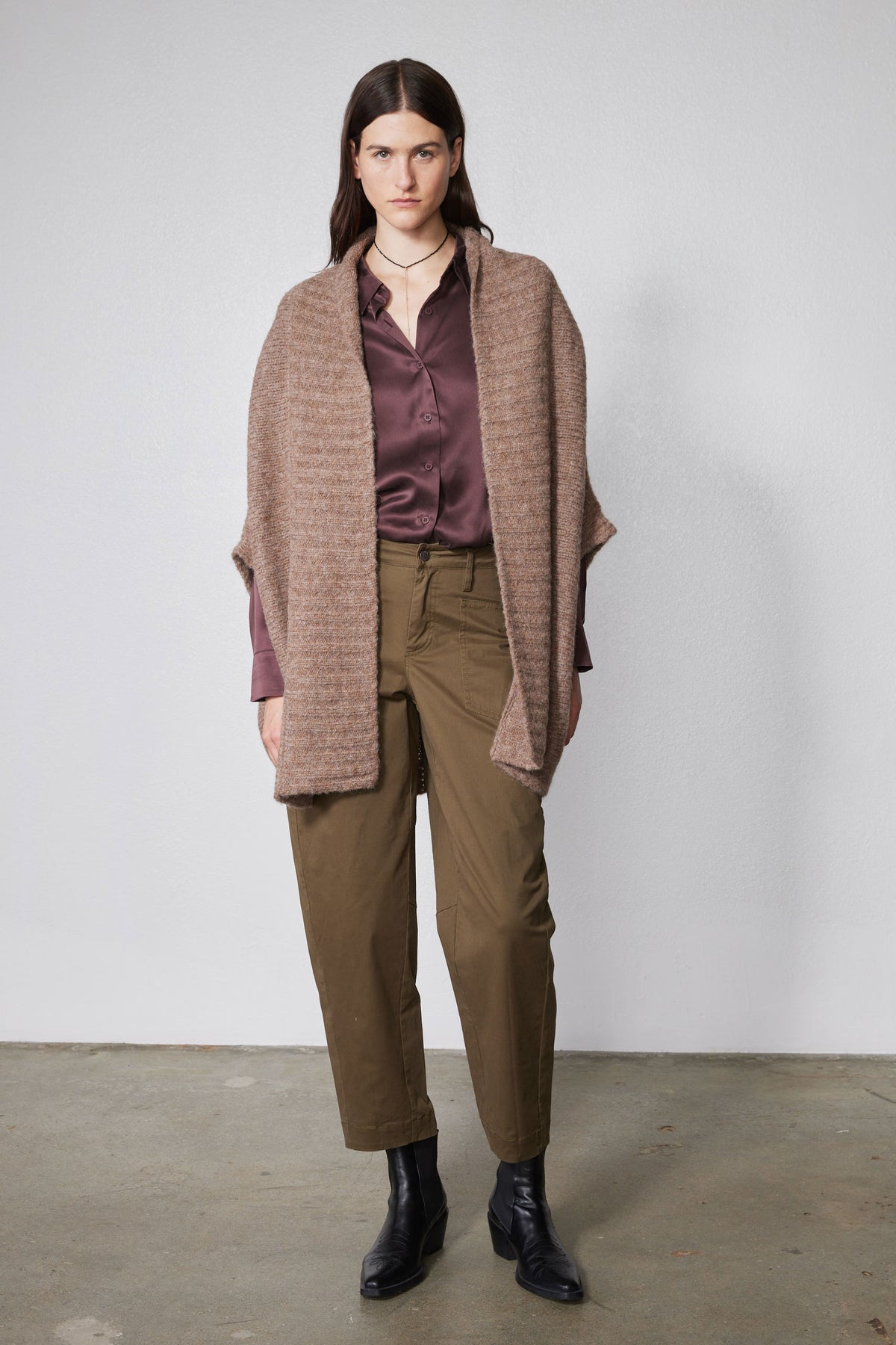 Taupe melange dolman cardigan full-length with open front, textured knit, draped sleeves.