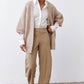 Oatmeal knit kimono cardigan with open front and long sleeves, textured ribbed cuffs