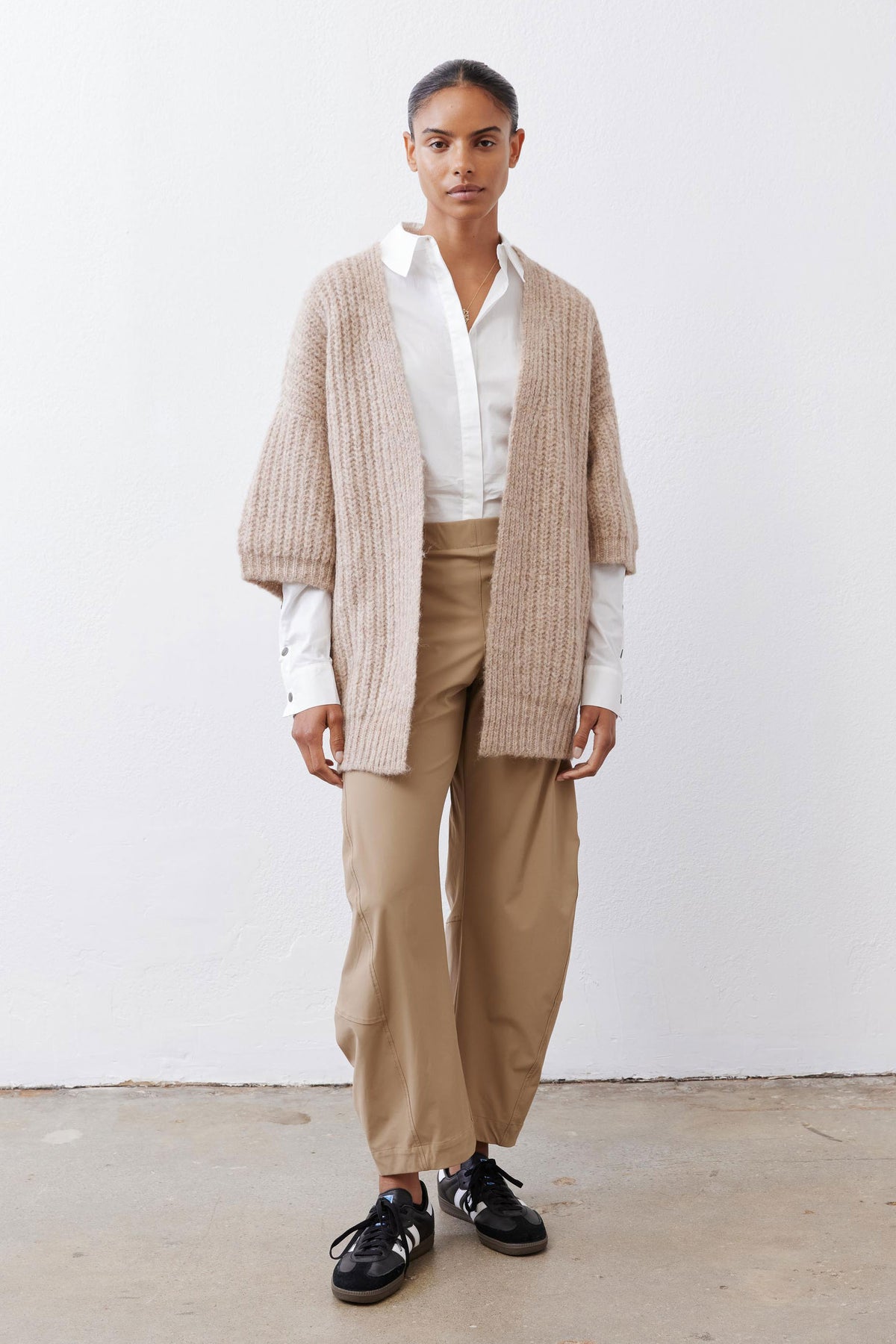 Oatmeal textured knit kimono cardigan, relaxed open front with wide sleeves
