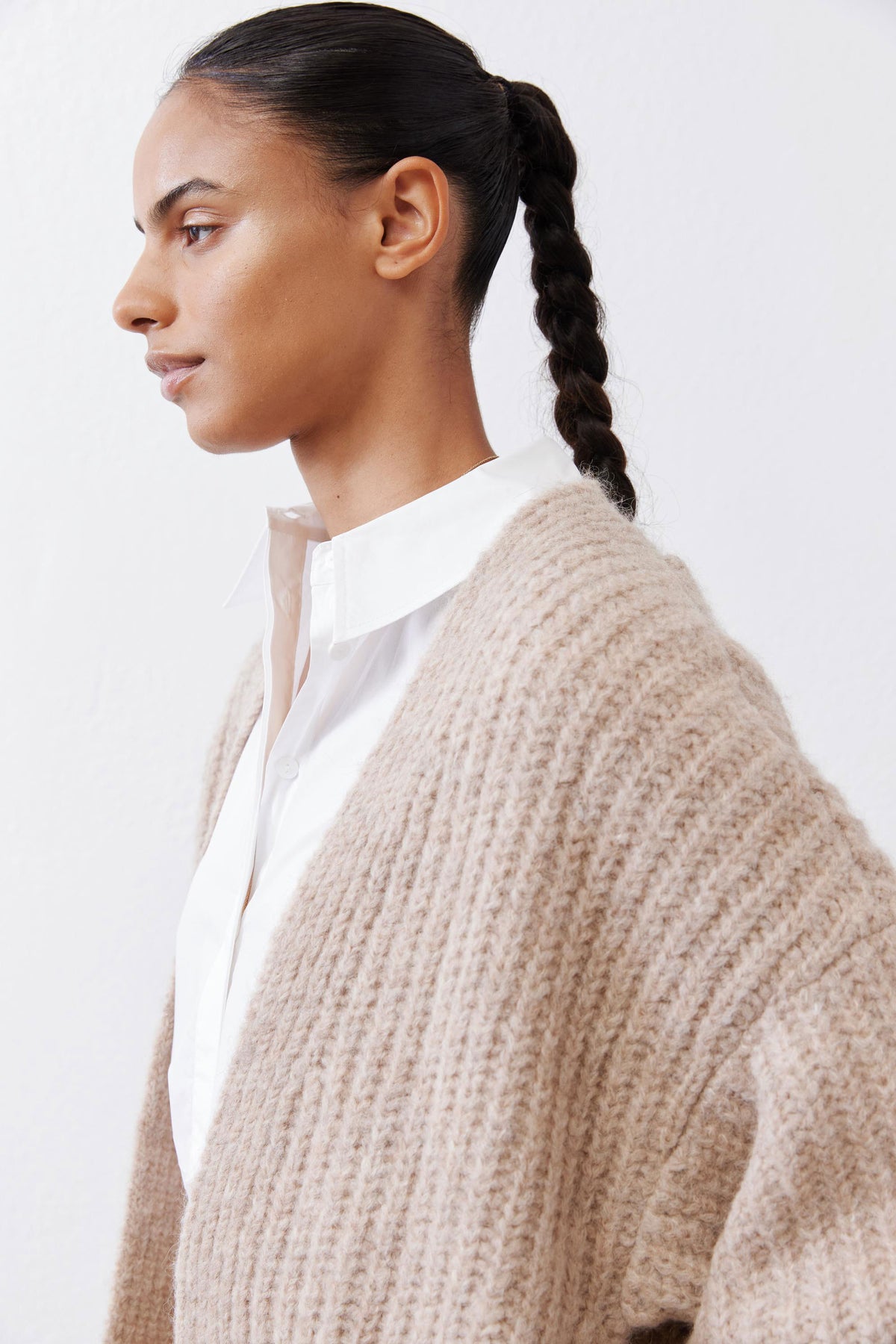 Oatmeal textured knit kimono cardigan draped at shoulder with open front