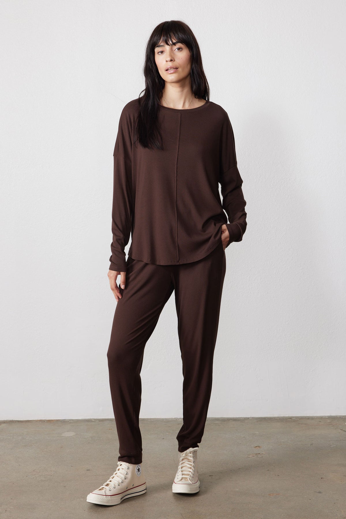 Chocolate ribbed pajama set with a long-sleeve top and relaxed pants