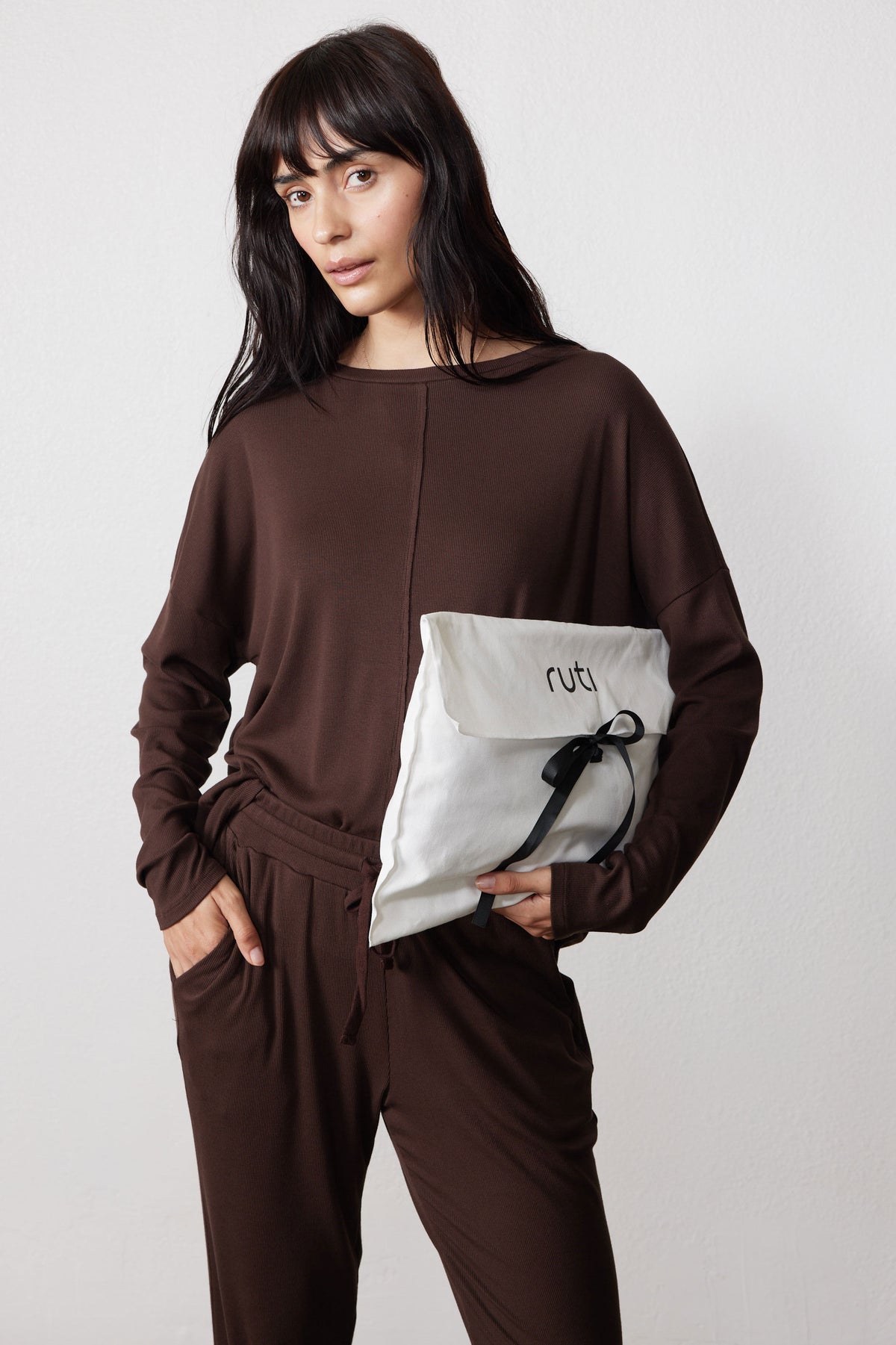 Chocolate ribbed pajama set with a long-sleeve top and matching drawstring pants