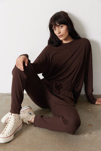 Chocolate ribbed pajama set with a relaxed long-sleeve top and drawstring pants