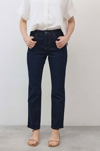 Dark wash mid-rise straight jeans, mid-rise waistband and cuffed cropped straight legs