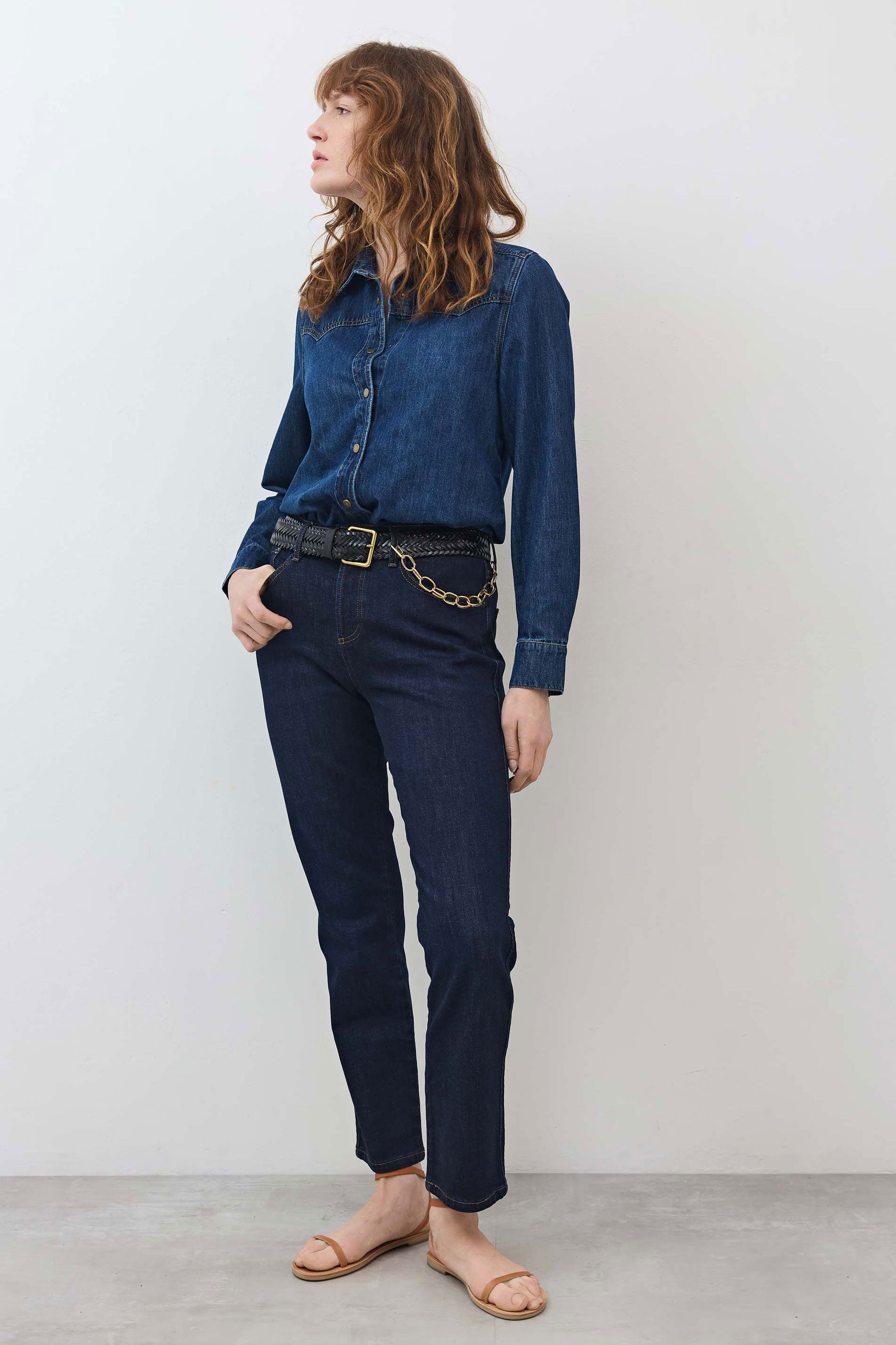 Petite crop straight jeans dark wash, mid-rise, relaxed straight legs