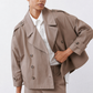 Walnut-brown oversized nylon trench coat with wide lapels, button front, flap pockets