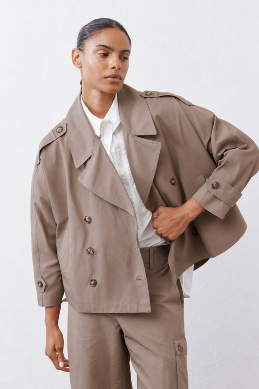 Walnut-brown oversized nylon trench coat with wide lapels, button front, flap pockets