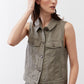 Olive green cropped task vest three-quarter view with button collar and flap pockets