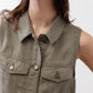 Olive green cropped task vest close-up of collar and chest flap pockets with snaps