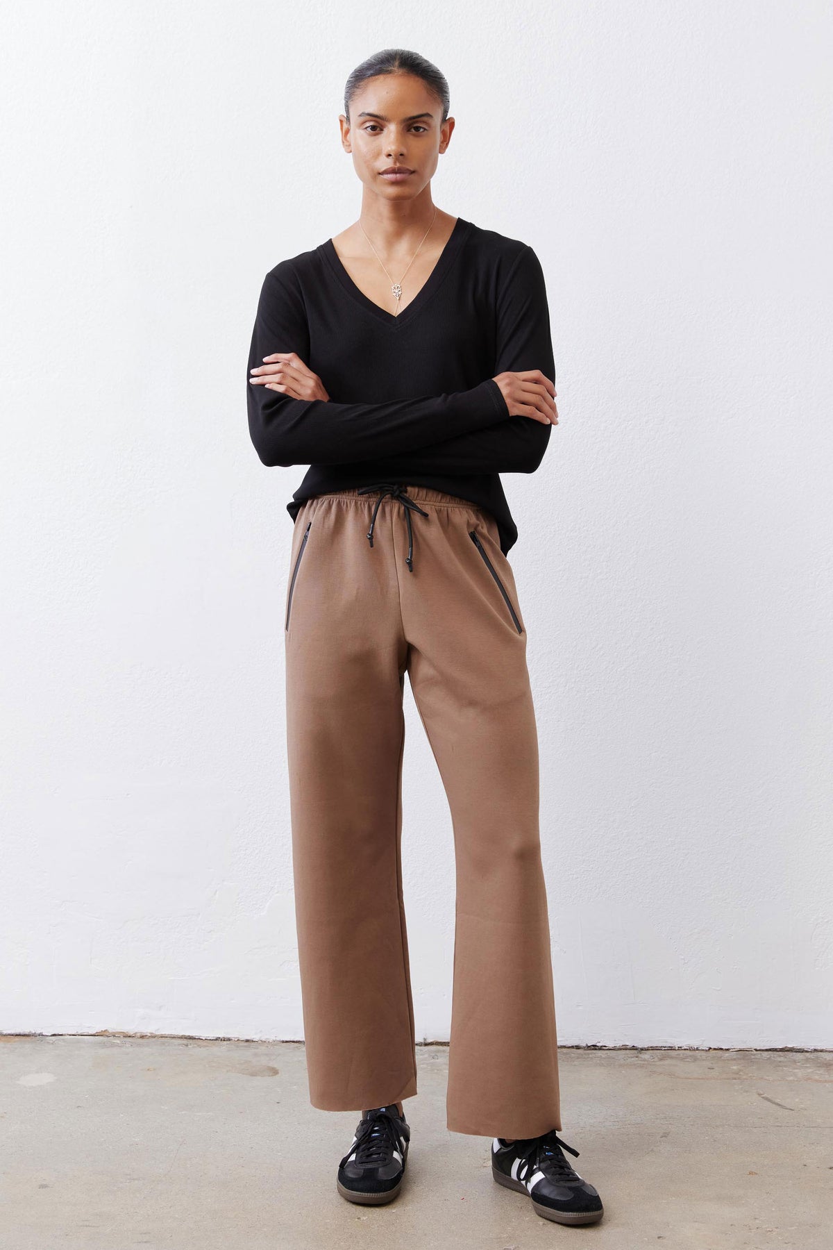Fawn scuba pants with elastic waistband and drawstring, wide-leg silhouette