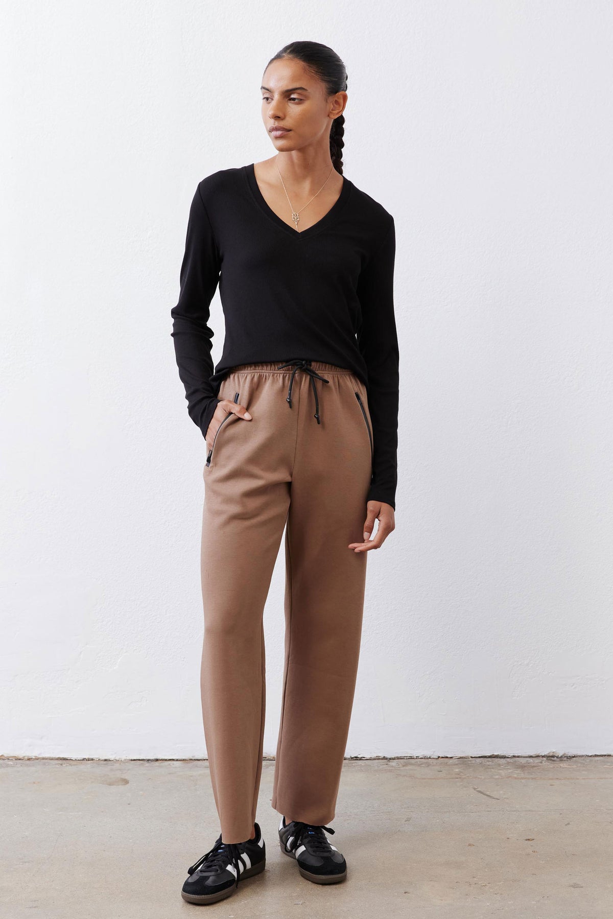 Fawn scuba pants with elastic waist and drawstring, straight legs and ankle length