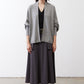 Heather gray wool-blend drape cardigan with open front and three-quarter rolled sleeves