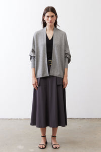 Heather gray wool-blend drape cardigan with open front and three-quarter rolled sleeves