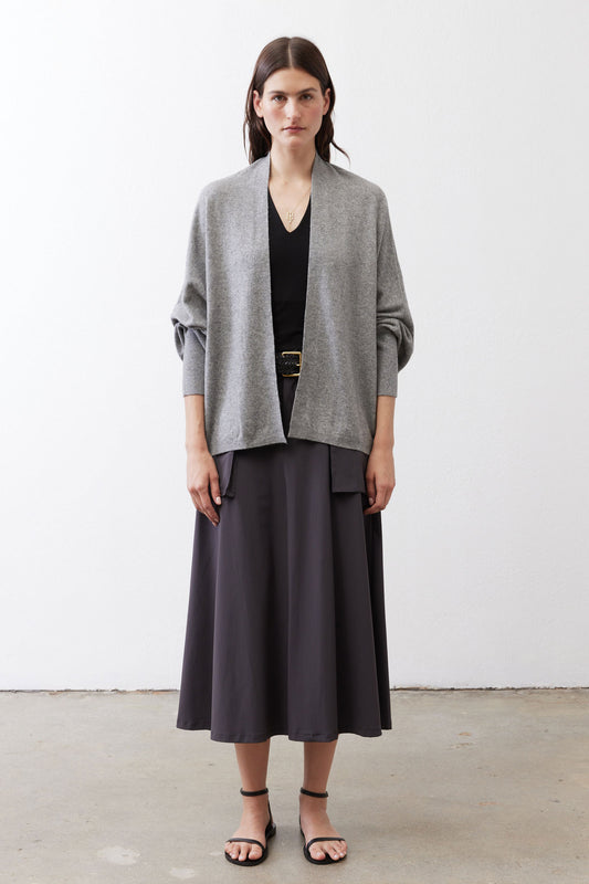 Heather gray wool-blend drape cardigan with open front and three-quarter rolled sleeves